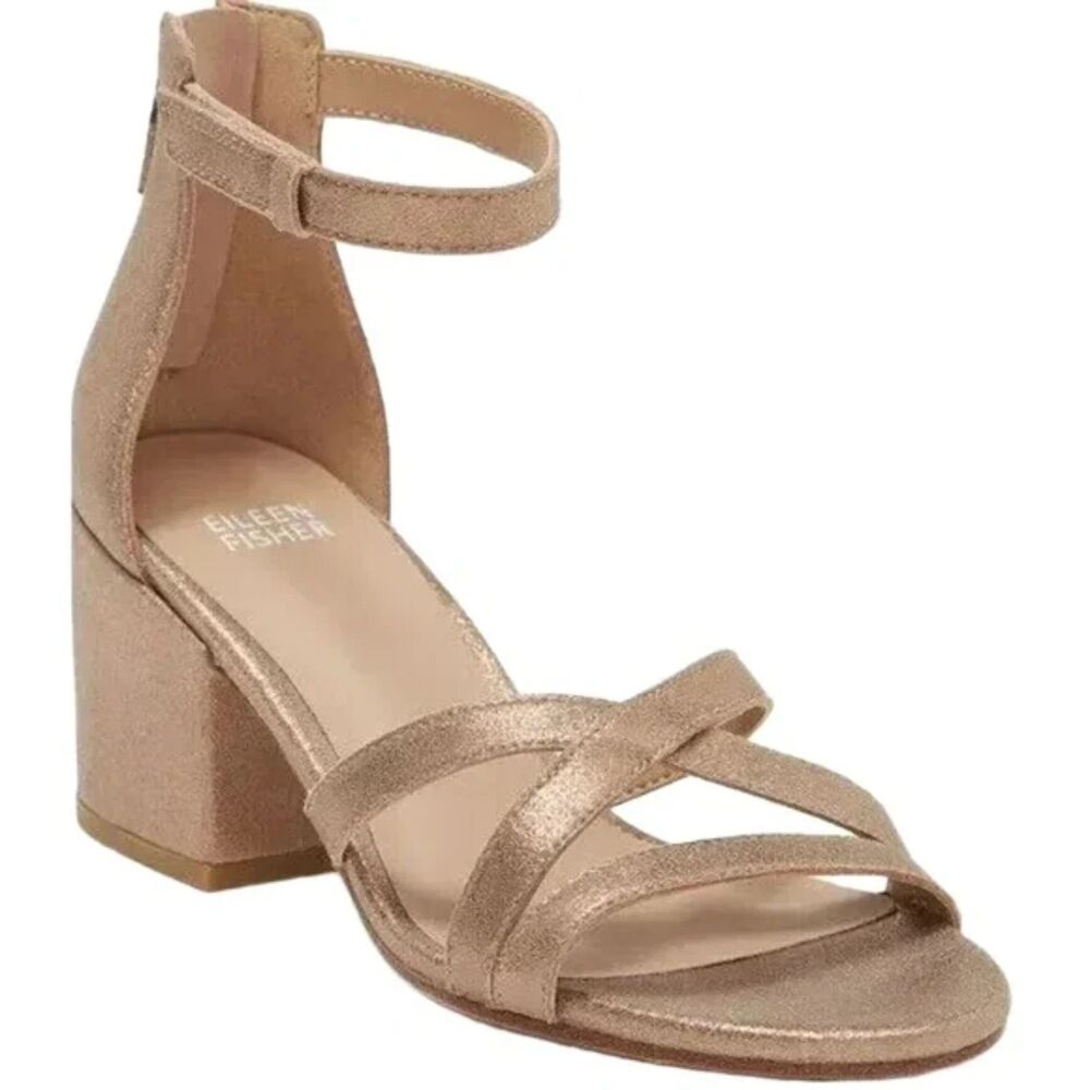 Eileen Fisher Block Heel Sandal 13 Strappy Dressy Wedding Formal Gold Brown Noni